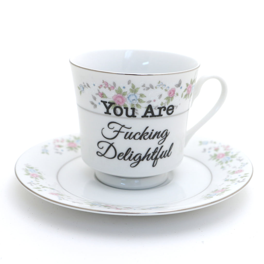 You are F'n Delightful  teacup and saucer, Upcycled, vintage, Cannes pattern mature language