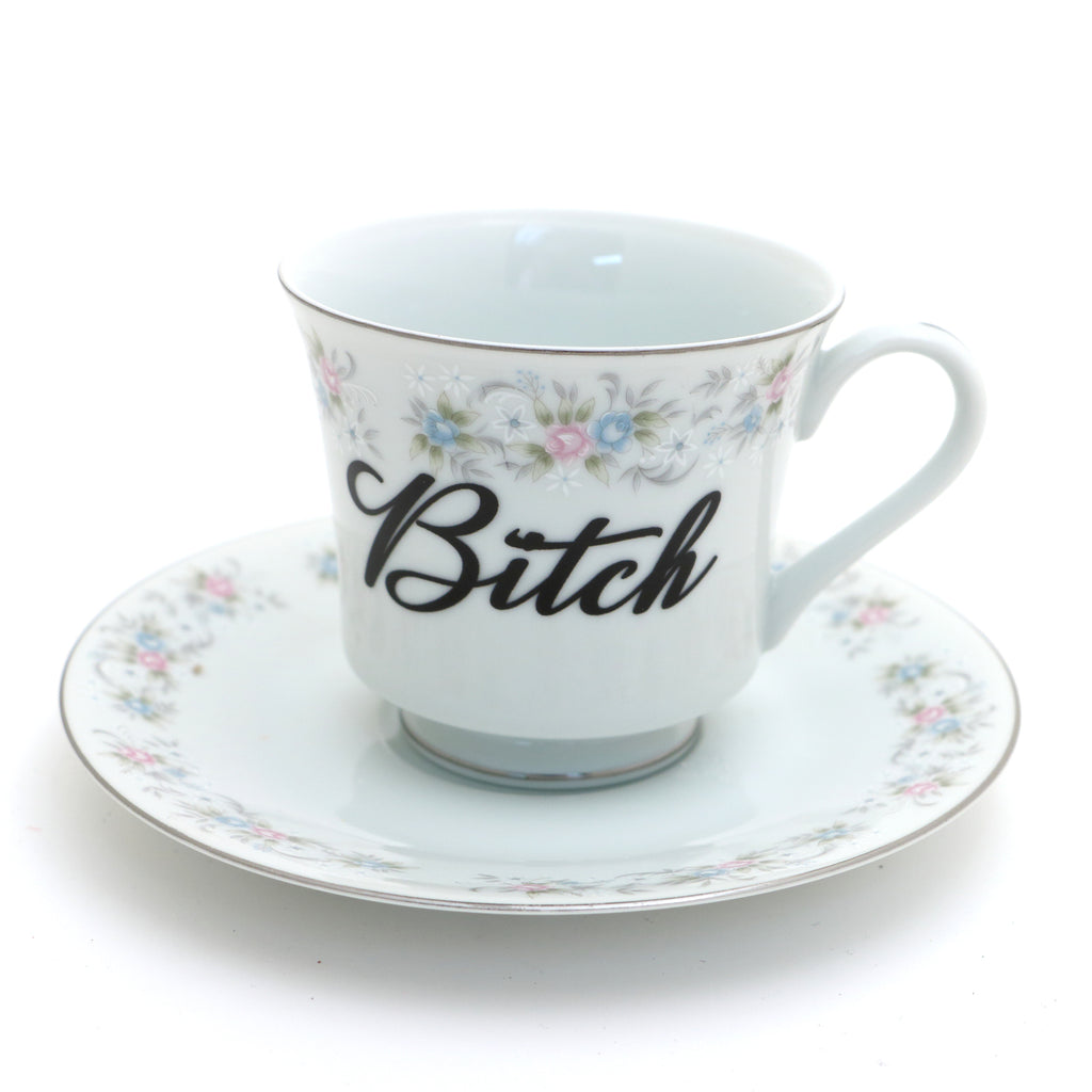 Bitch tea cup and saucer set, upcycled, sassy teacup and saucer