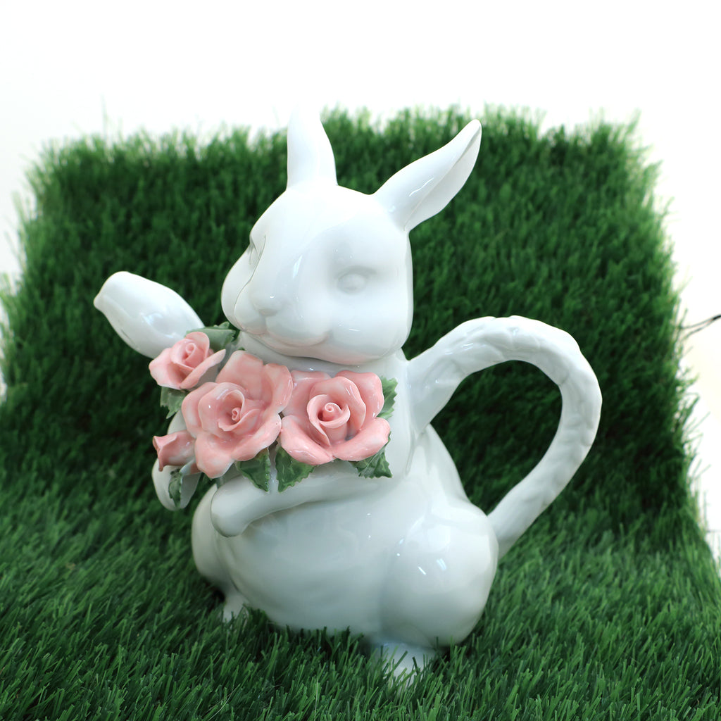 Rabbit teapot, easter gift, porcelain bunny with bouquet of roses