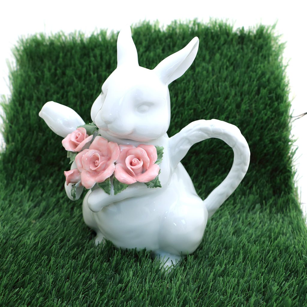 Rabbit teapot, easter gift, porcelain bunny with bouquet of roses