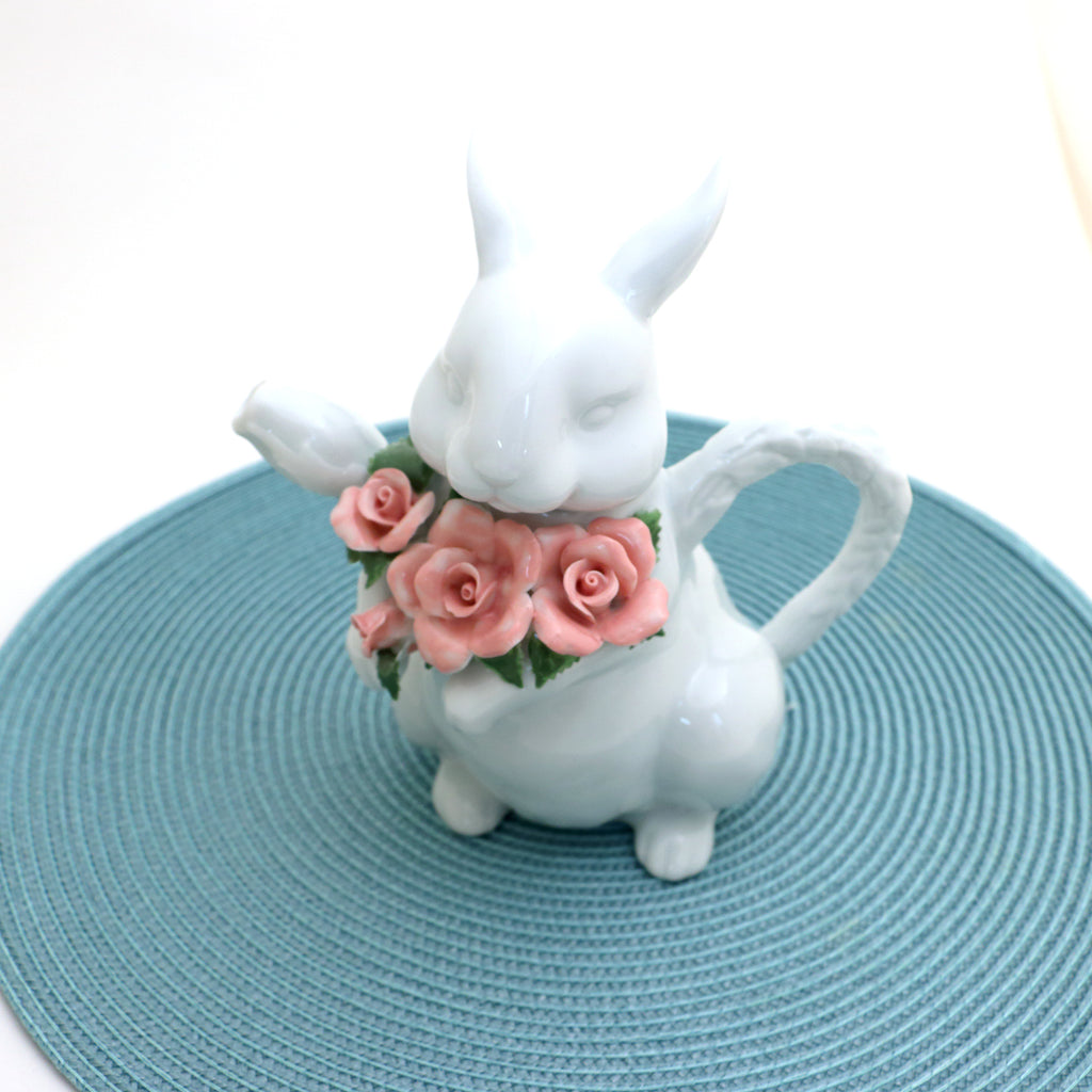 Rabbit teapot, easter gift, porcelain bunny with bouquet of roses