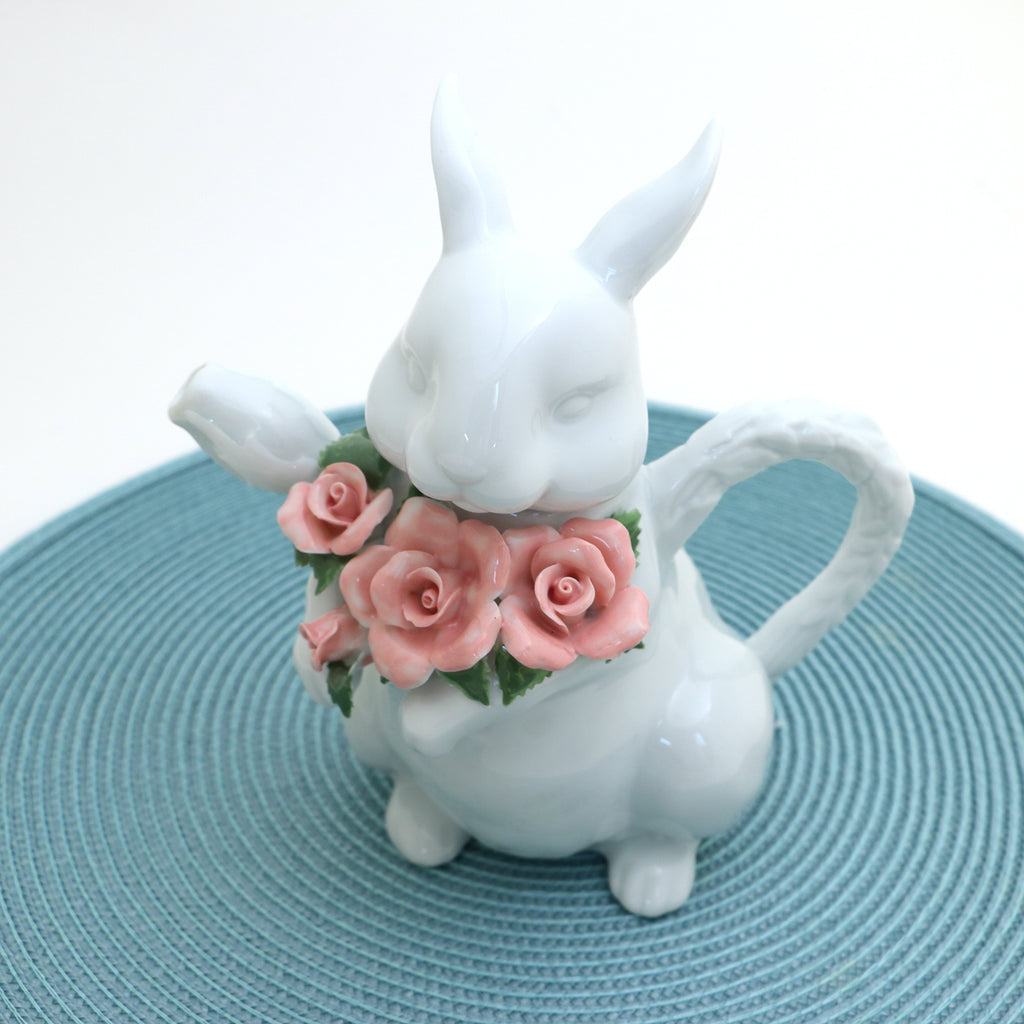 Rabbit teapot, easter gift, porcelain bunny with bouquet of roses