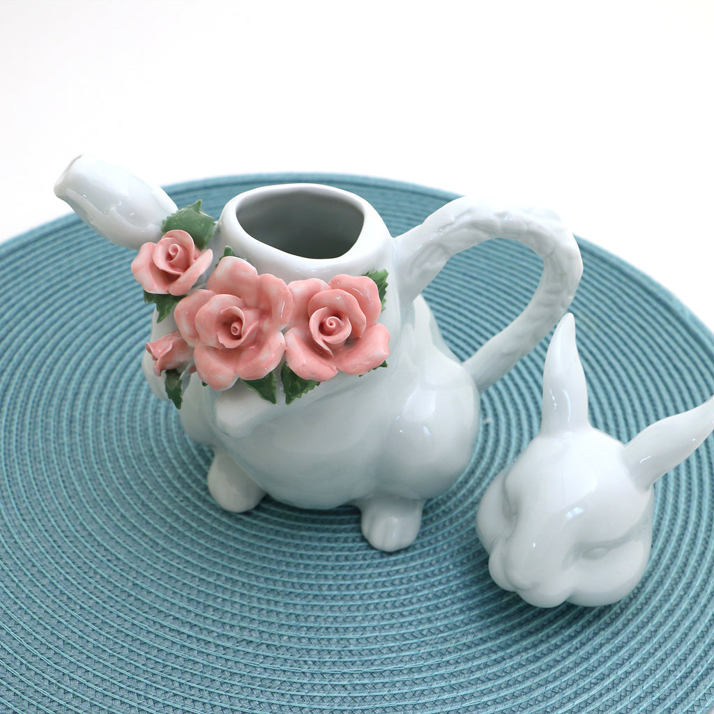 Rabbit teapot, easter gift, porcelain bunny with bouquet of roses