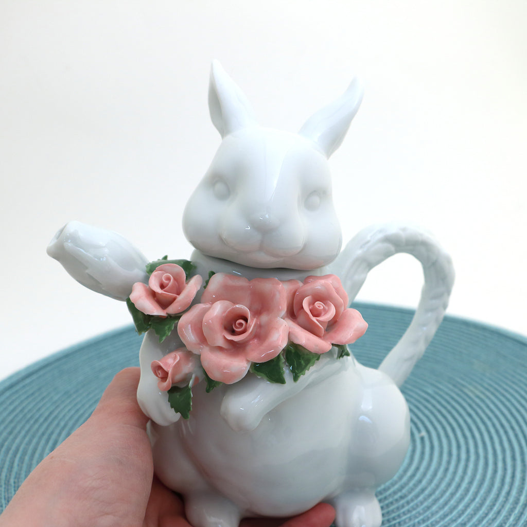 Rabbit teapot, easter gift, porcelain bunny with bouquet of roses