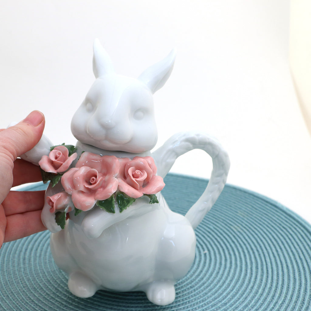 Rabbit teapot, easter gift, porcelain bunny with bouquet of roses