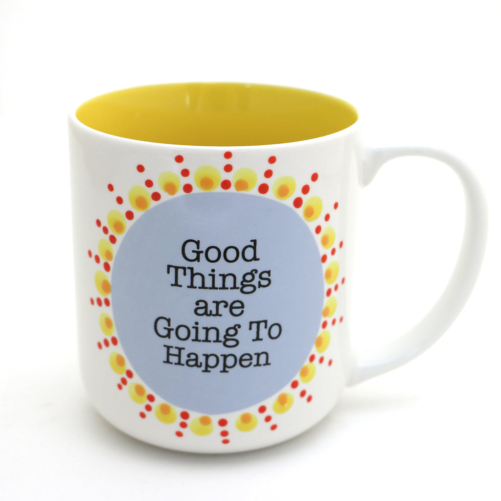 Good Things Are Going To Happen mug, mini mandala positive affirmation