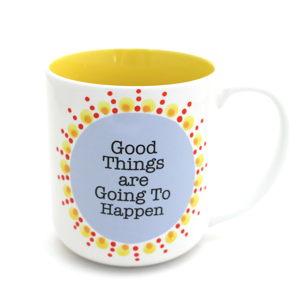 Good Things Are Going To Happen mug, mini mandala positive affirmation