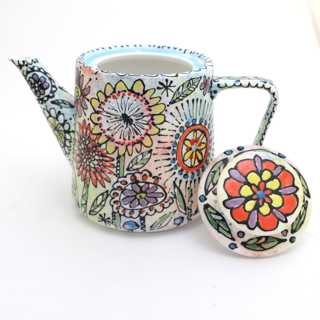 Boho Hippie Teapot, floral doodles, gift for tea drinker