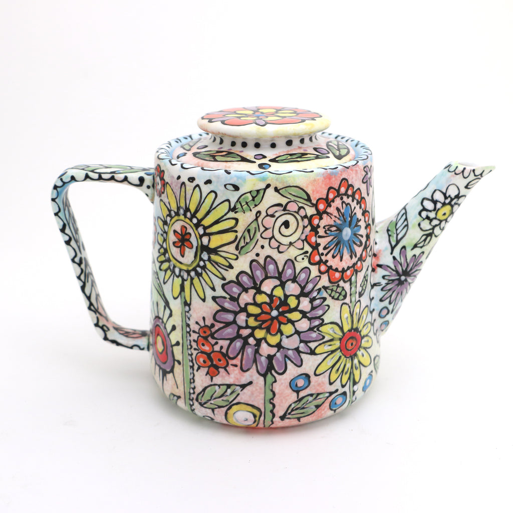 Boho Hippie Teapot, floral doodles, gift for tea drinker