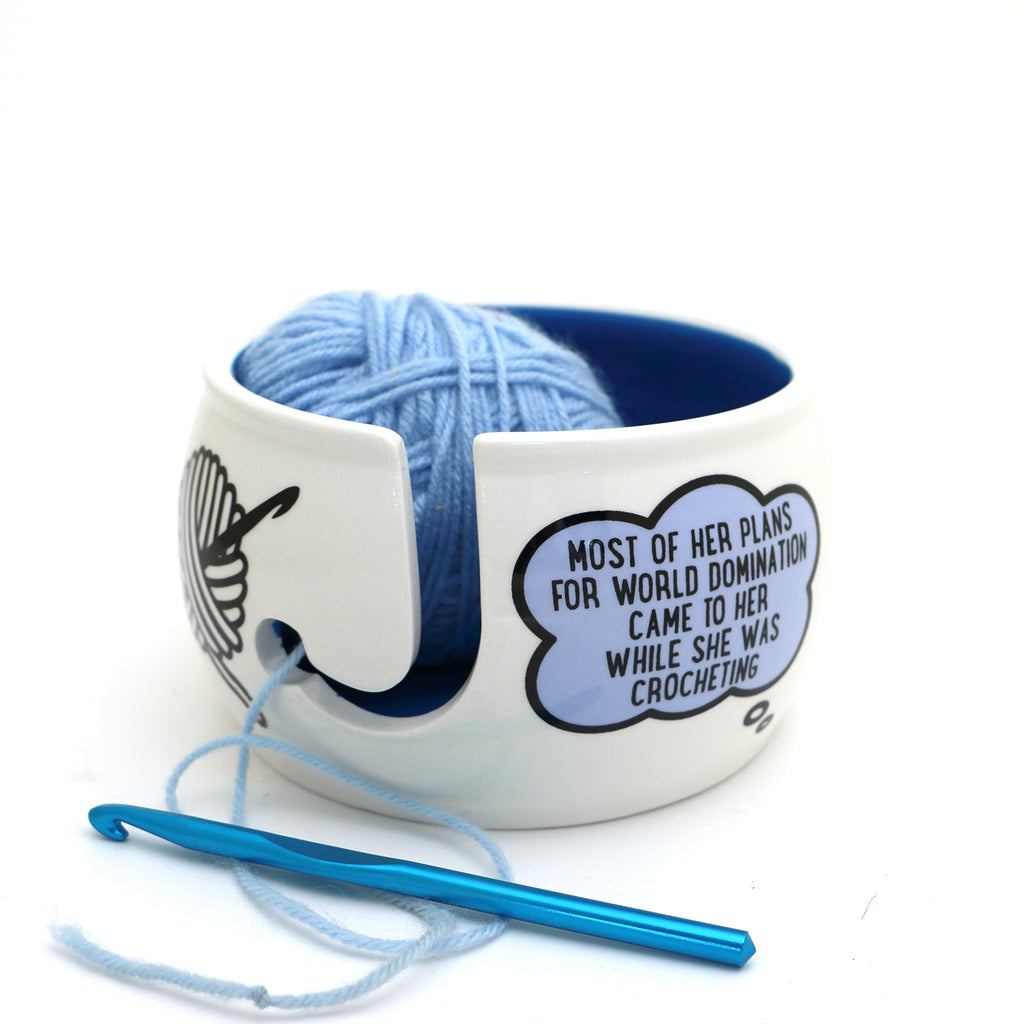 Yarn Bowl, World Domination Crochet, funny ceramic yarn bowl crochet gift