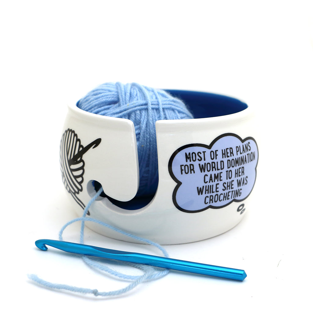 Yarn Bowl, World Domination Crochet, funny ceramic yarn bowl crochet gift