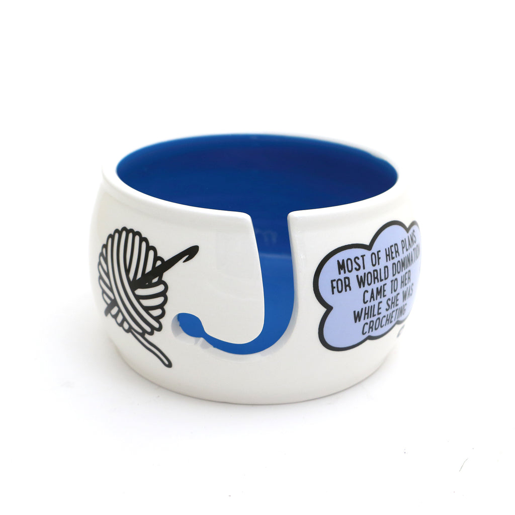 Yarn Bowl, World Domination Crochet, funny ceramic yarn bowl crochet gift