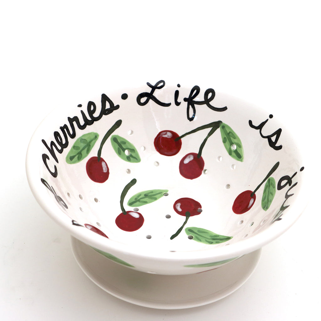 Life is Just a Bowl of Cherries, ceramic colander, berry bowl, strainer, with dish