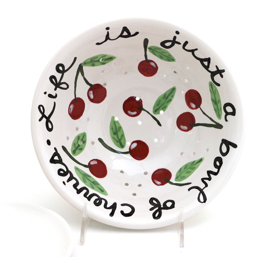 Life is Just a Bowl of Cherries, ceramic colander, berry bowl, strainer, with dish