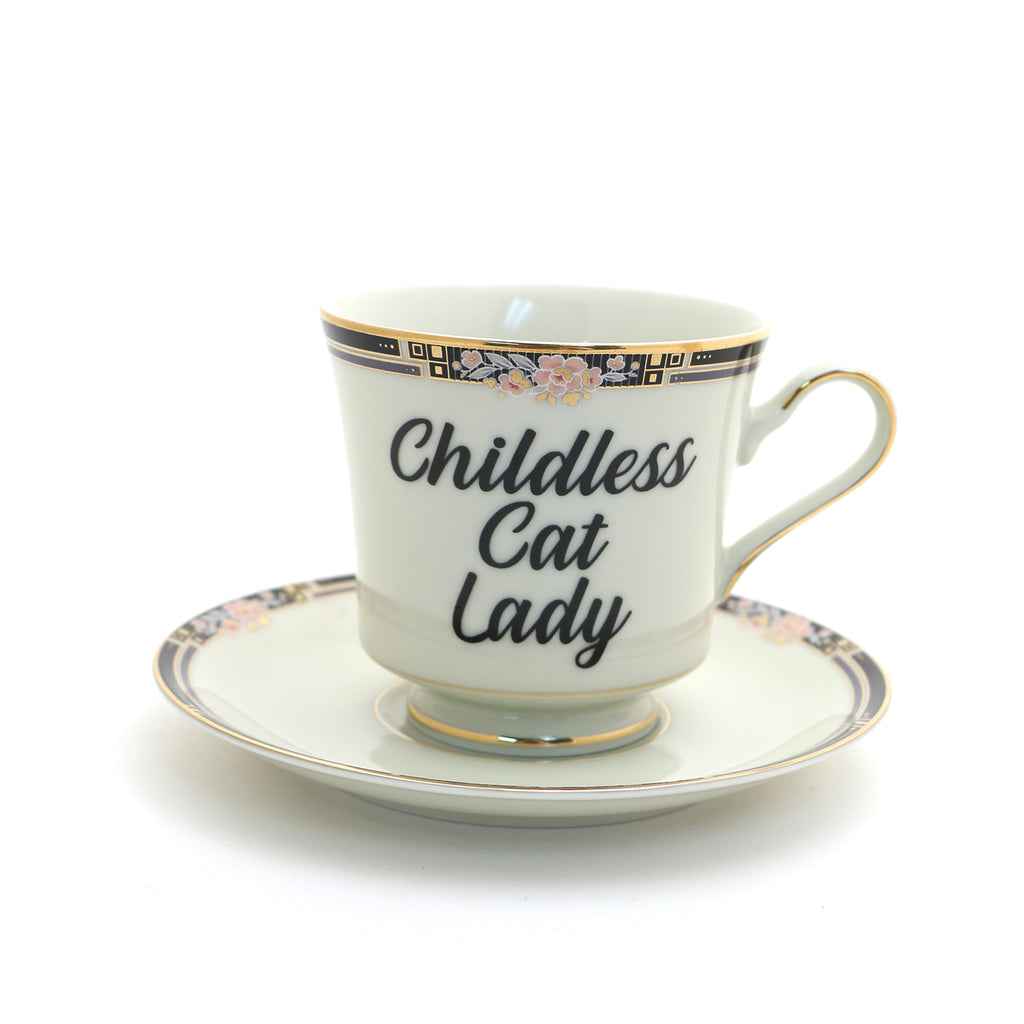 Vintage tea cup and saucer set, Childless Cat Lady Fine China, funny teacup, political gifts