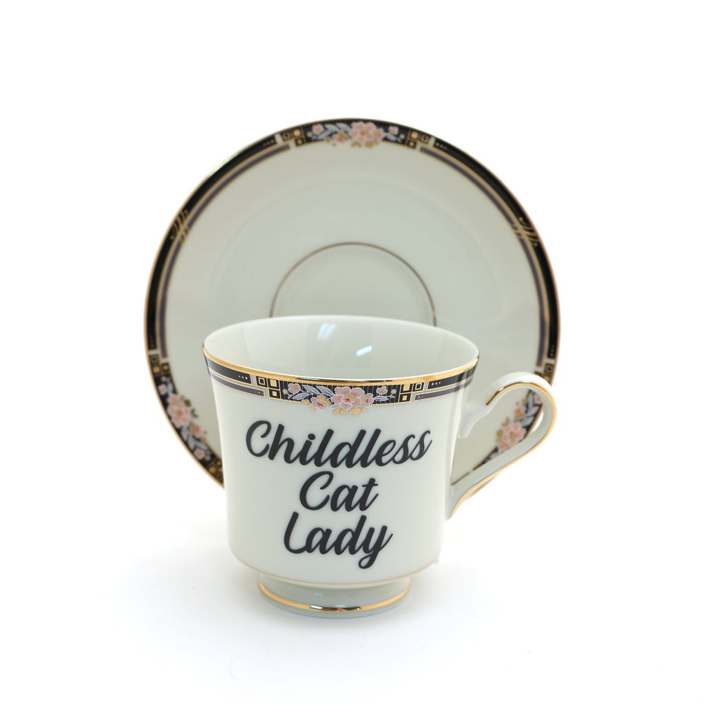 Vintage tea cup and saucer set, Childless Cat Lady Fine China, funny teacup, political gifts