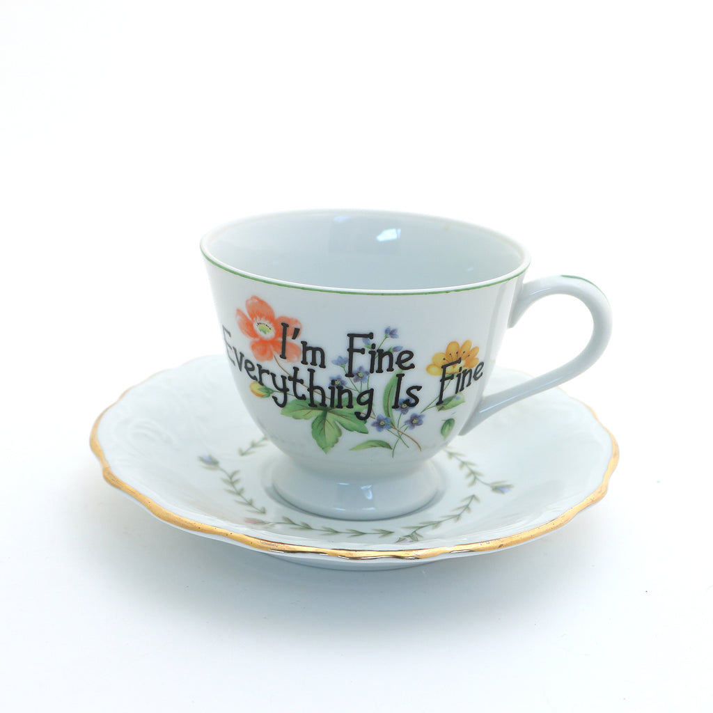 Vintage tea cup and saucer set, It's Fine,  upcycled set mismatched