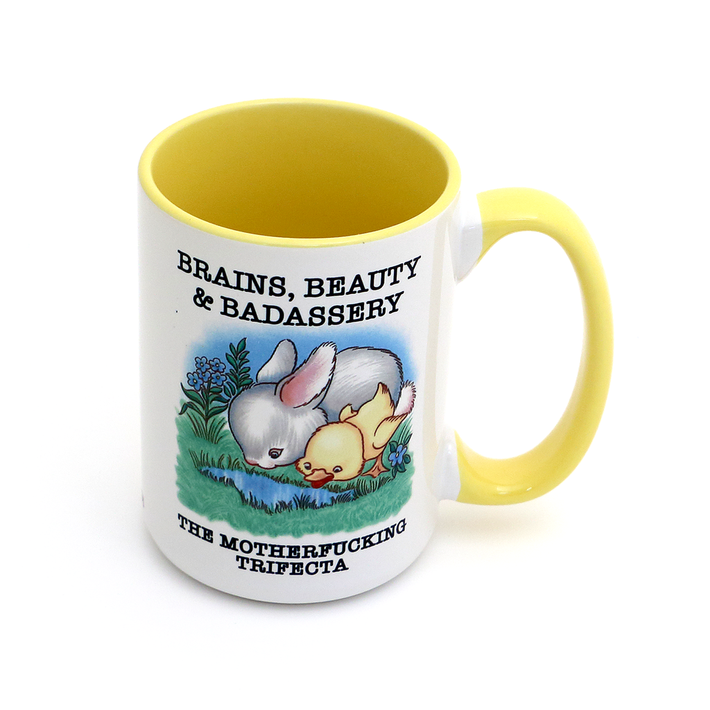 Brains, Beauty, Badassery, 15 oz Bunny and Duck mug