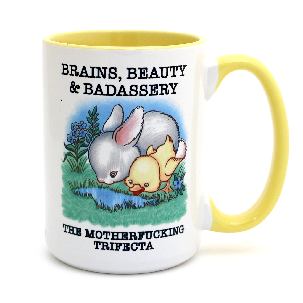 Brains, Beauty, Badassery, 15 oz Bunny and Duck mug