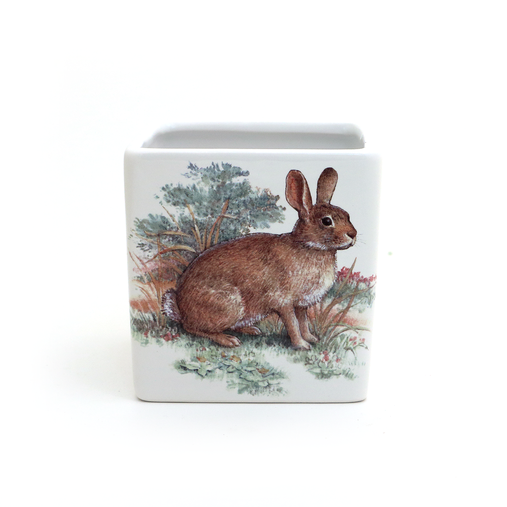 Vintage Bunny planter, Easter Gift, candle holder, pencil cup, square pot, vase