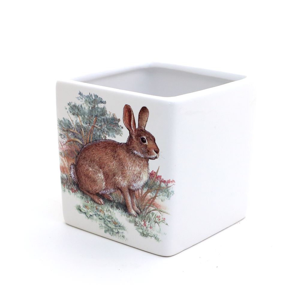 Vintage Bunny planter, Easter Gift, candle holder, pencil cup, square pot, vase