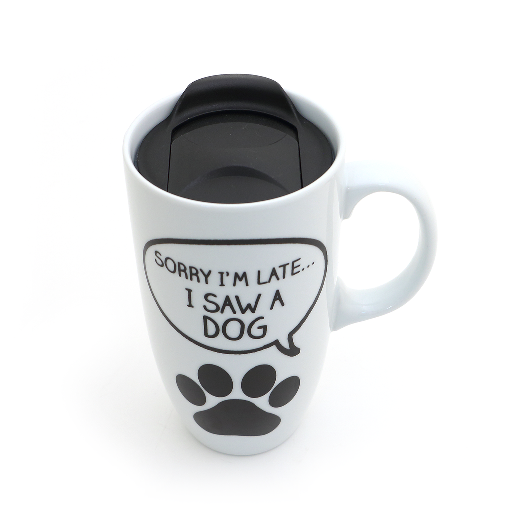 Sorry I'm late I saw a dog , travel mug with handle, Dog lover