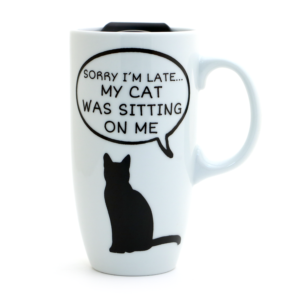 Cat travel mug with handle- Sorry I'm late my cat was sitting on me