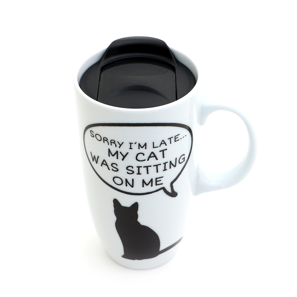 Cat travel mug with handle- Sorry I'm late my cat was sitting on me