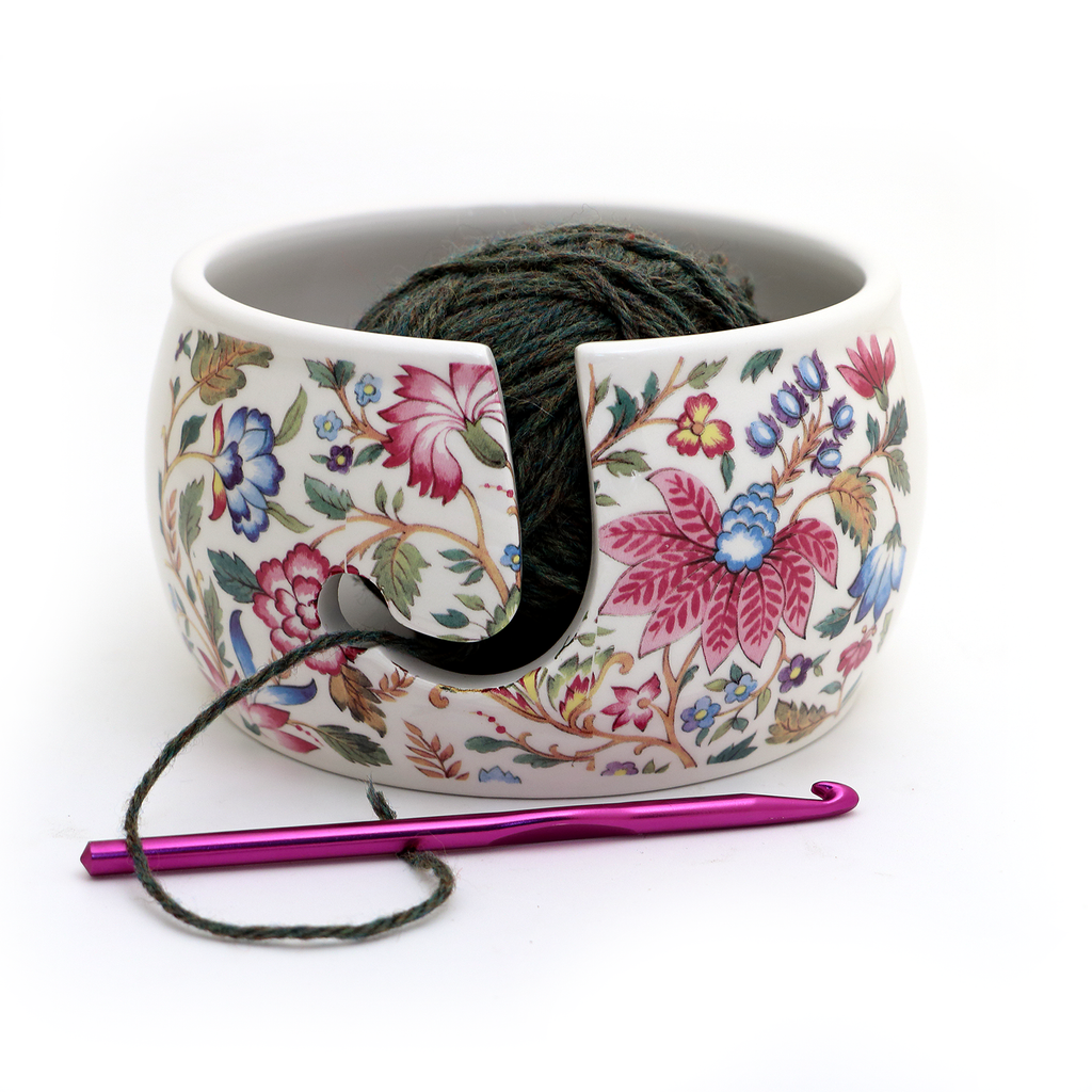 Ceramic Yarn Bowl, Vintage tapestry pattern, gift for someone who knits or crochets