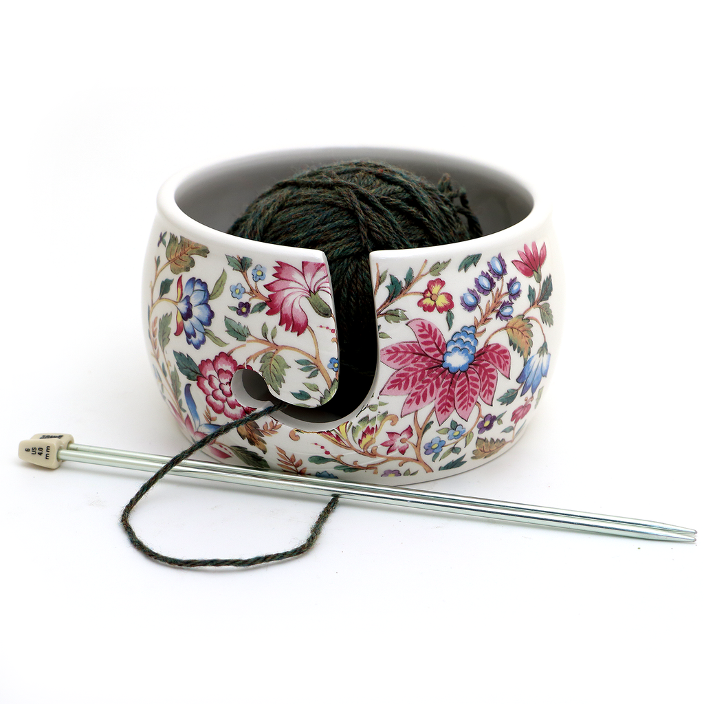 Ceramic Yarn Bowl, Vintage tapestry pattern, gift for someone who knits or crochets