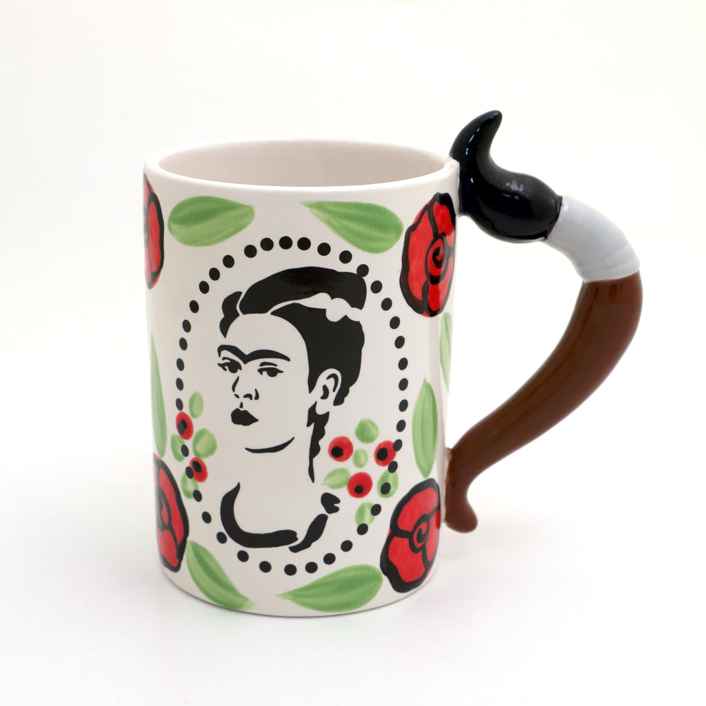 Frida Kahlo mug with paintbrush handle and roses, artist mug, painter