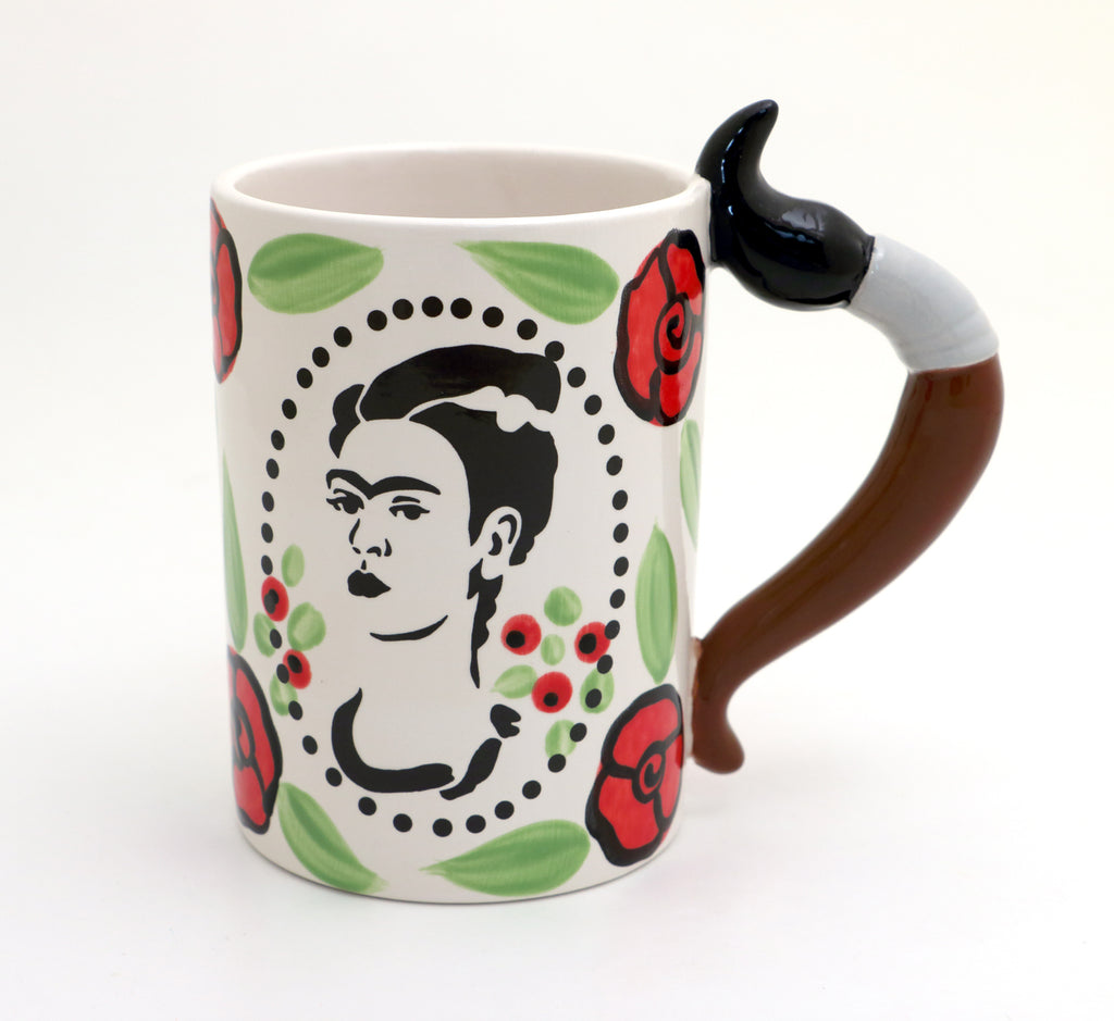 Frida Kahlo mug with paintbrush handle and roses, artist mug, painter