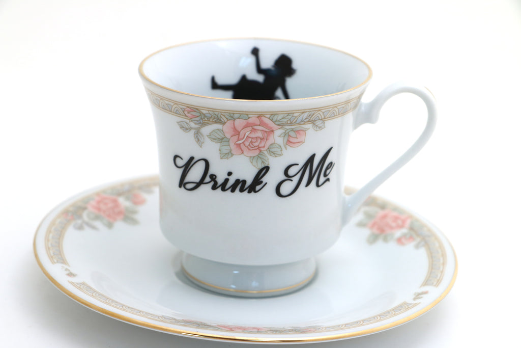 Vintage tea cup, Drink Me, Alice in Wonderland teacup and saucer, upcycled