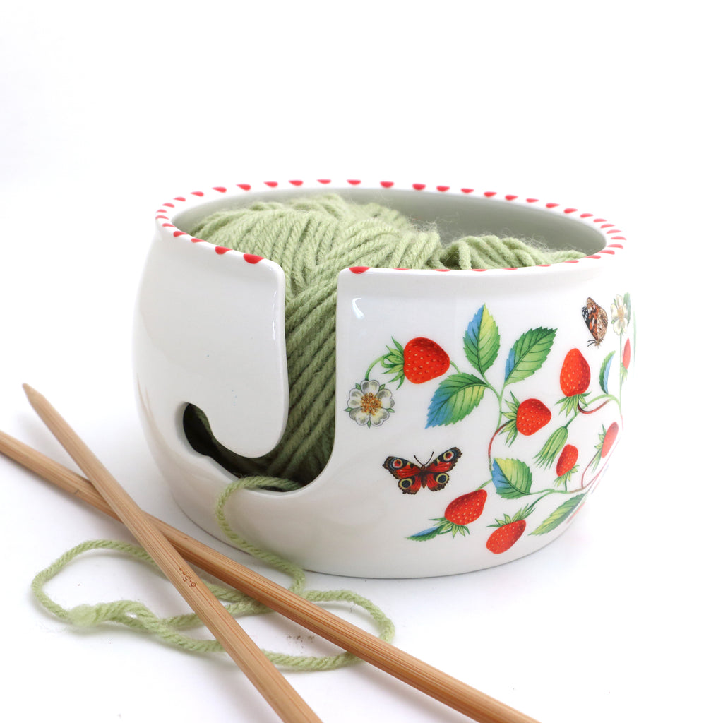 Yarn Bowl with Strawberries, crochet or knitting