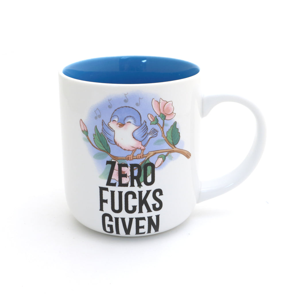 Zero F's Given mug, bluebird, vintage image, mature language, funny spring gift