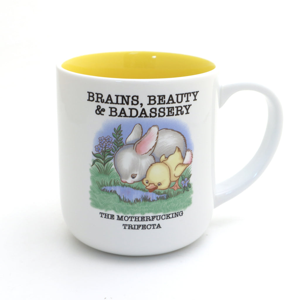 Brains, Beauty, Badassery, Bunny and Duck mug, mature language, funny friendship mug