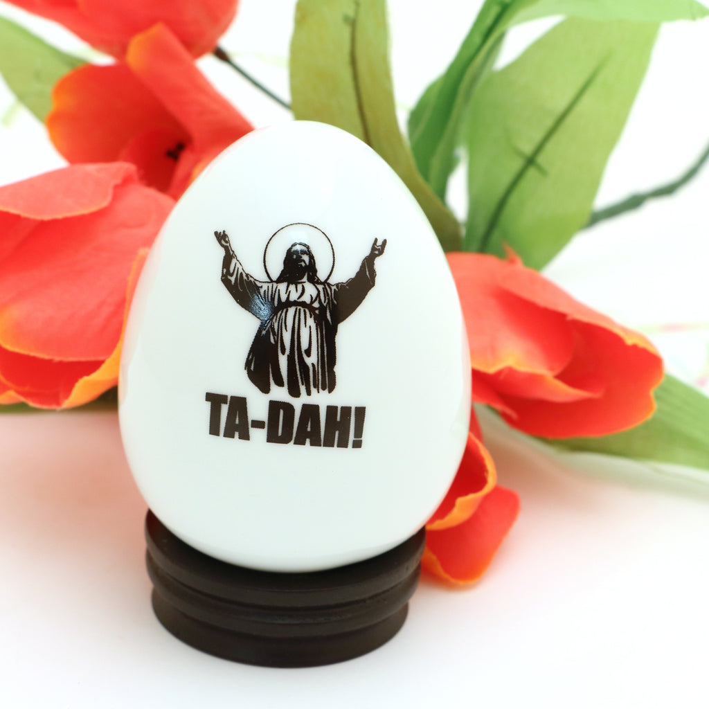 Porcelain egg with stand, Large Easter Egg, Ta-Dah Jesus