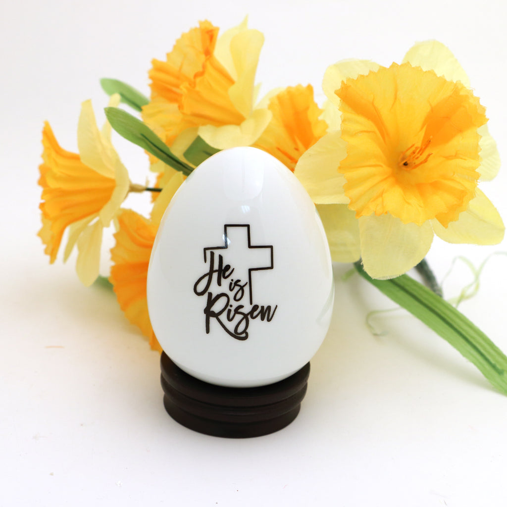 Porcelain egg with stand, Large Easter Egg, He is Risen