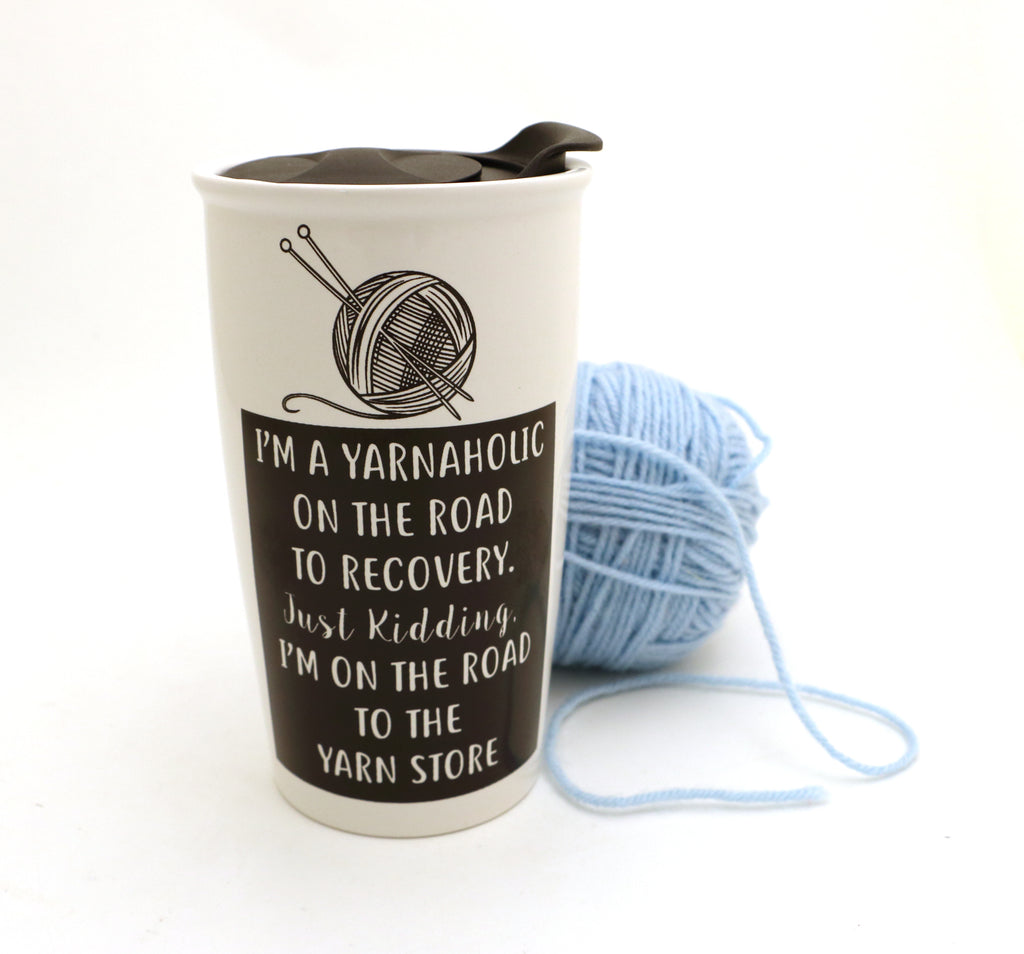 Yarnaholic Travel Mug, eco friendly, gift for knitter or crochet