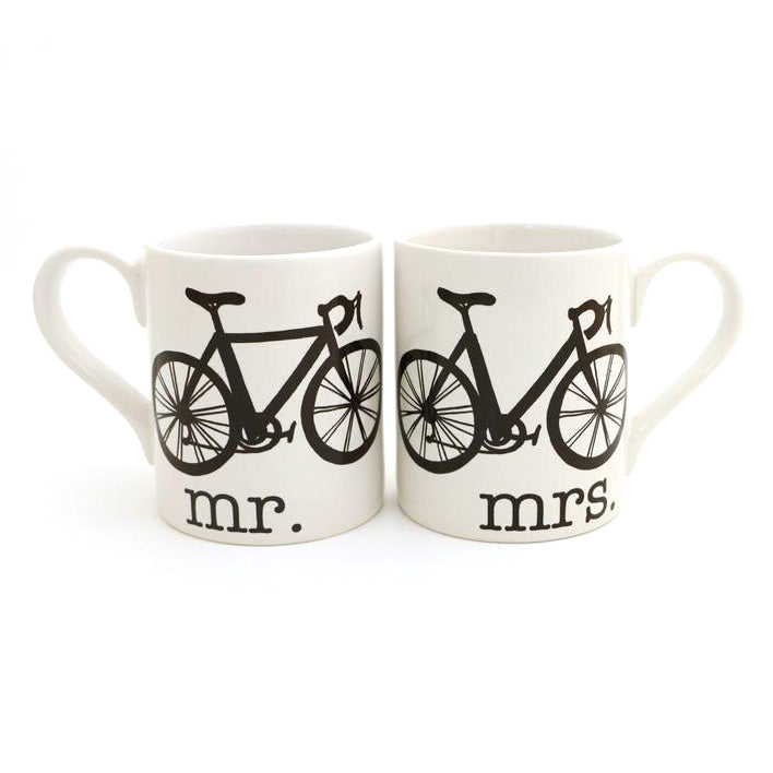 Mr. and Mrs. Bike mug set-- Give a gift that they will wheelie love. These mugs are handmade in my