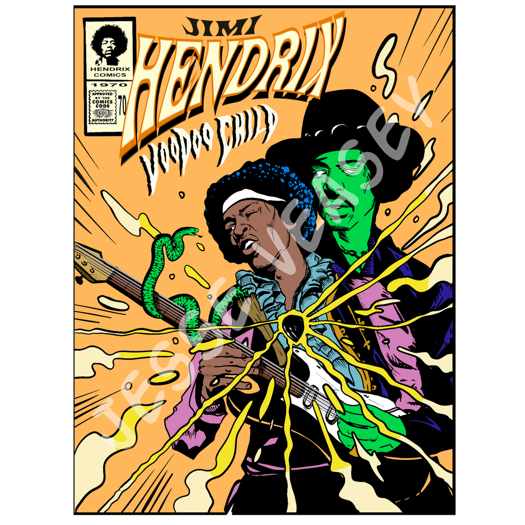 Jimi Hendrix Print, fake comic book cover, original art by Jesse Veasey