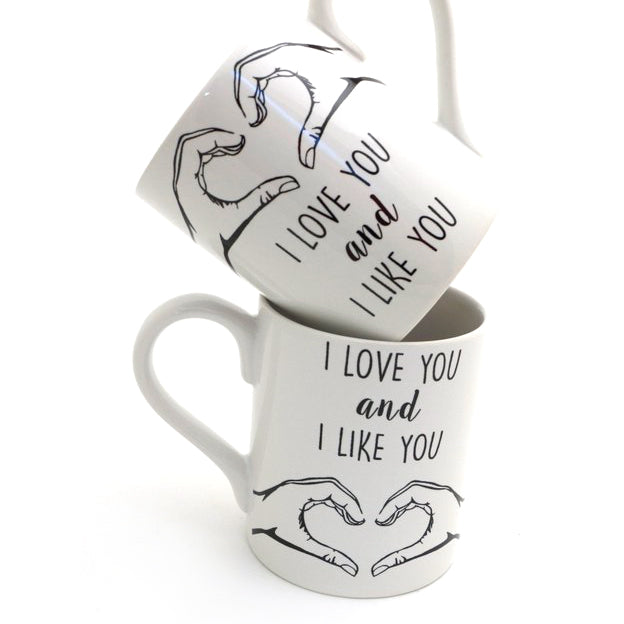 
Parks and Recreation fans will love this mug set tribute to Ben and Leslie. Each mug reads I love 