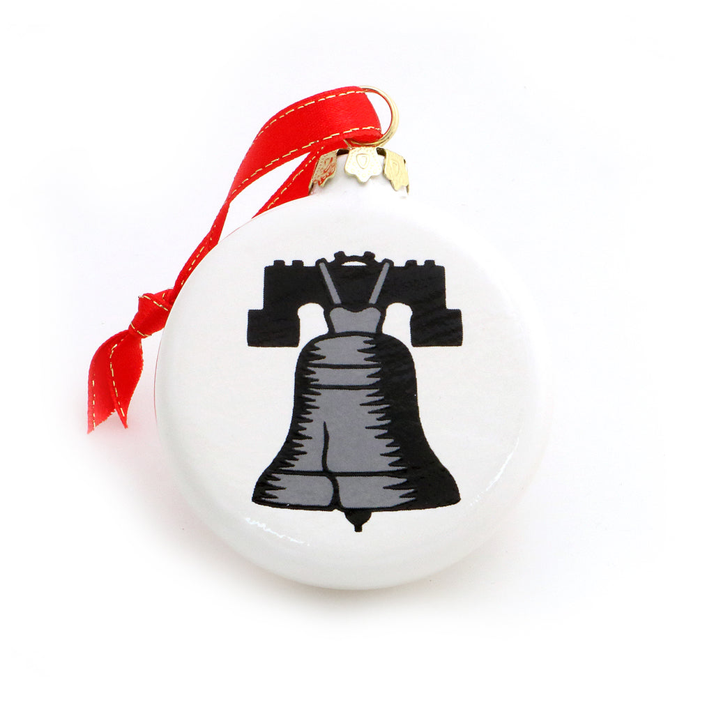 Handmade ceramic Christmas ornament features my homage to the Liberty Bell- back reads SILVER BELLS