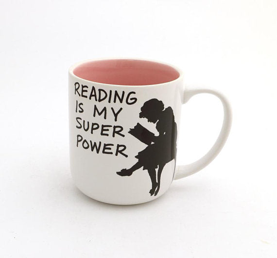 
Reading is my Super Power Mug- Pink InteriorPerfect gift for a Book lover. This handmade stoneware