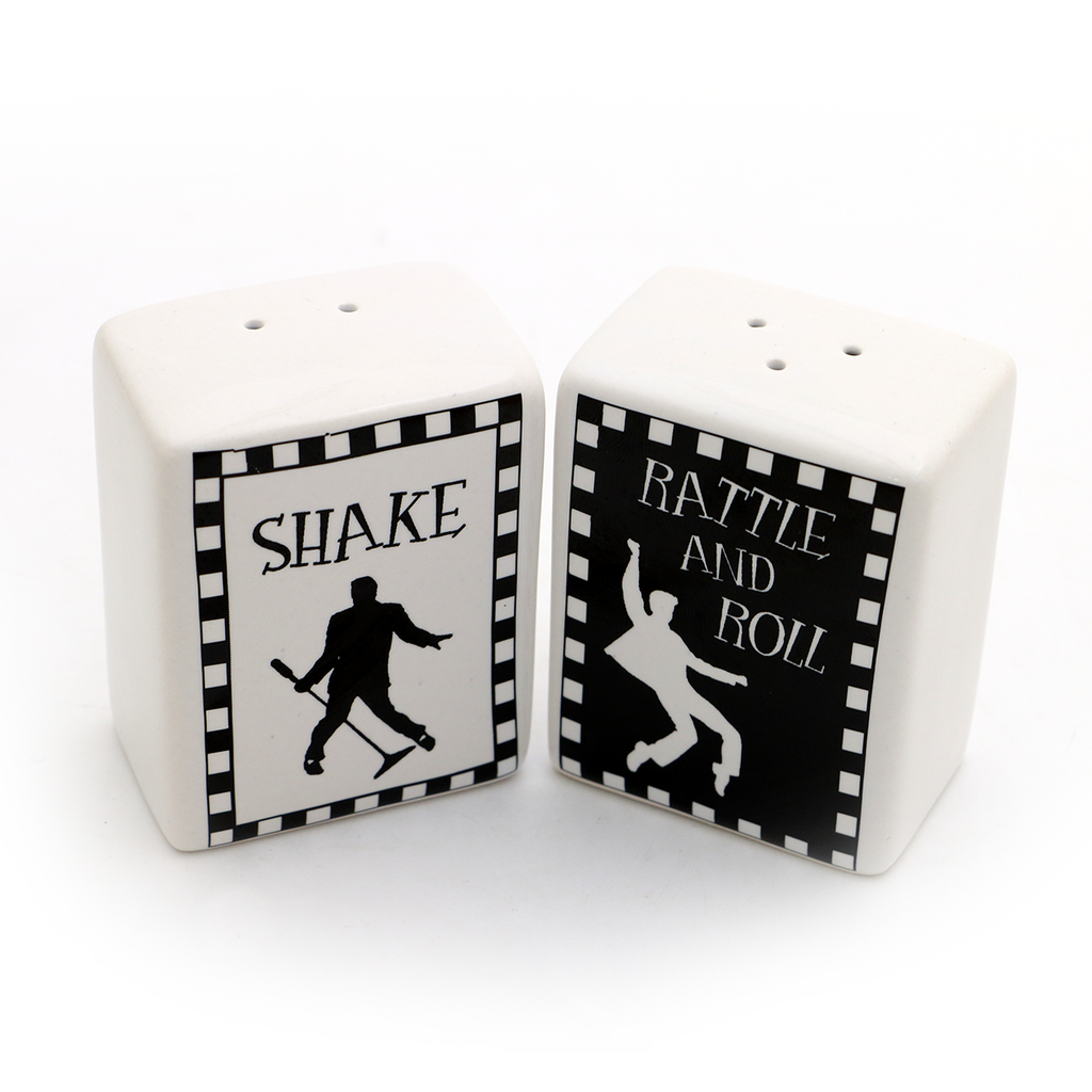 
This parody salt and pepper set will add a little mock and droll to any meal! One shaker reads: SH