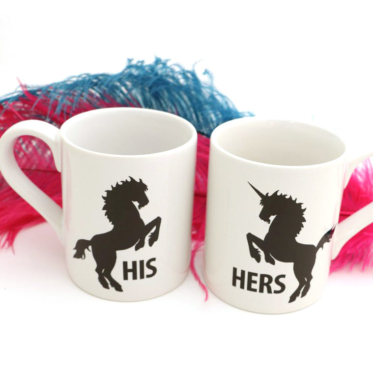 
This his and hers mug set features a stallion and a unicorn. Funny bridal shower gift or wedding g